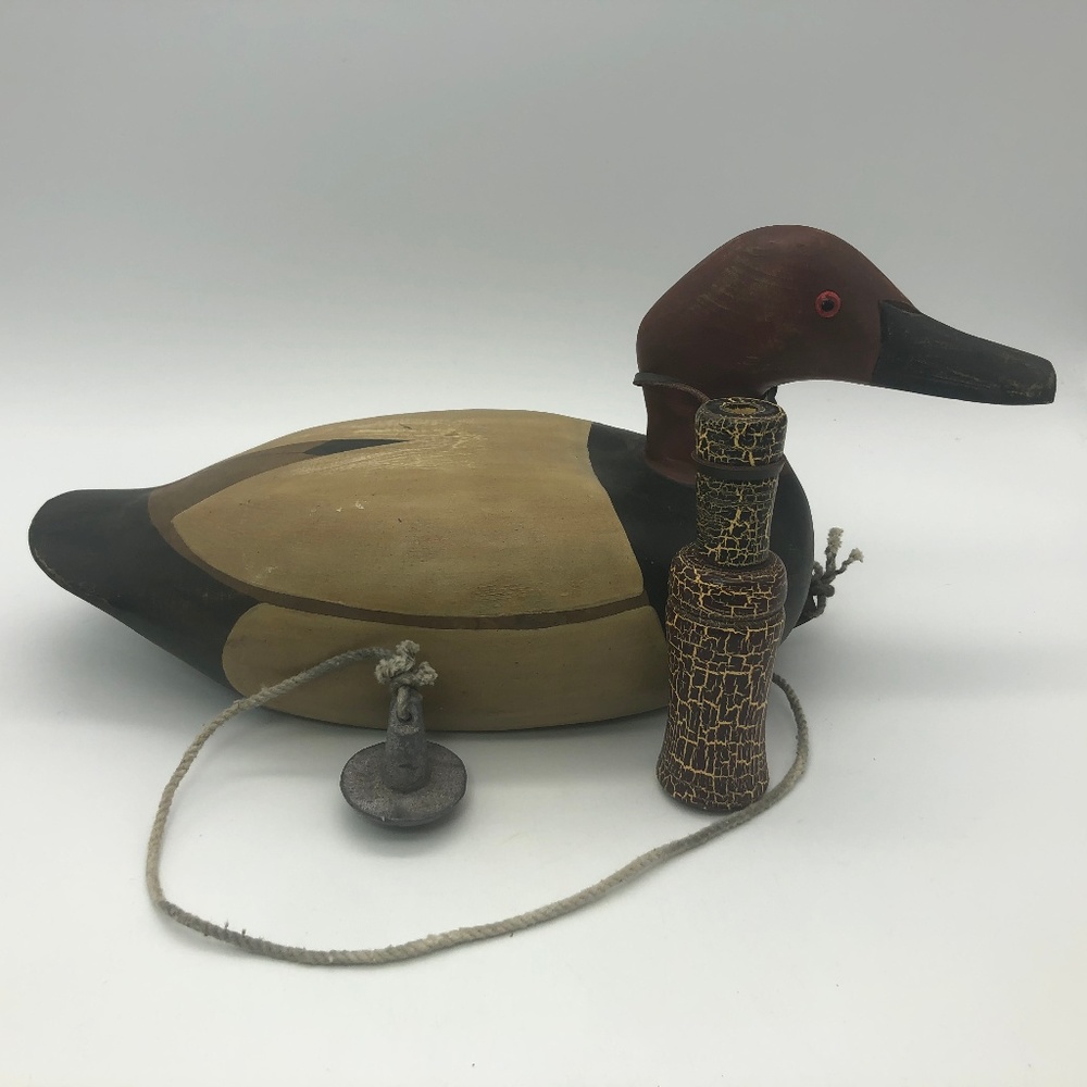 Carved Wood Duck Decoy Sculpture with Duck Call